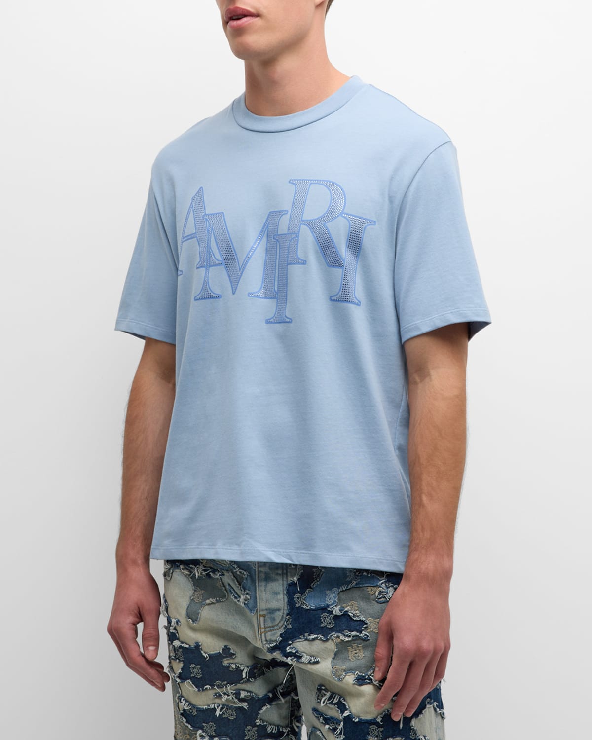 Amiri Men's Crystal Staggered Logo T-shirt In Black Blue
