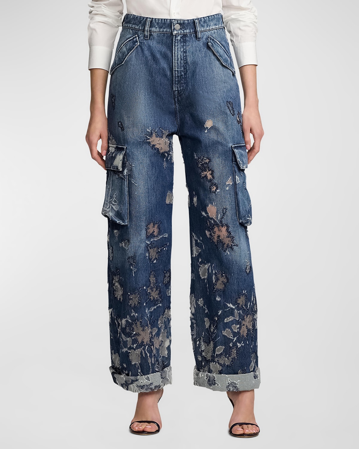 Ralph Lauren Denim Blue Shadow Berke Embellished Wide-leg Jeans In Dk Sap Cre