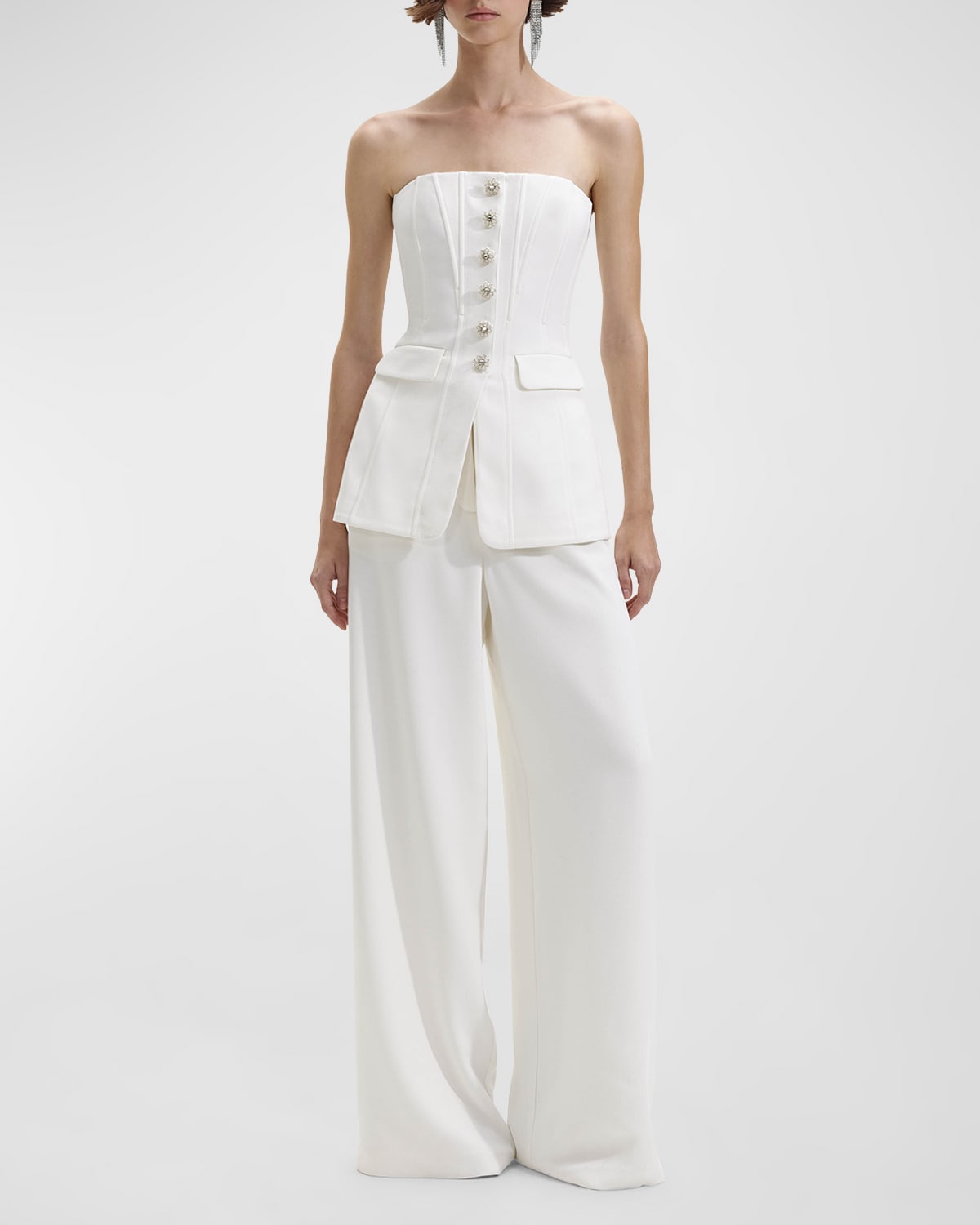 Shop Self-portrait Convertible Bandeau Wide-leg Crepe Jumpsuit In White