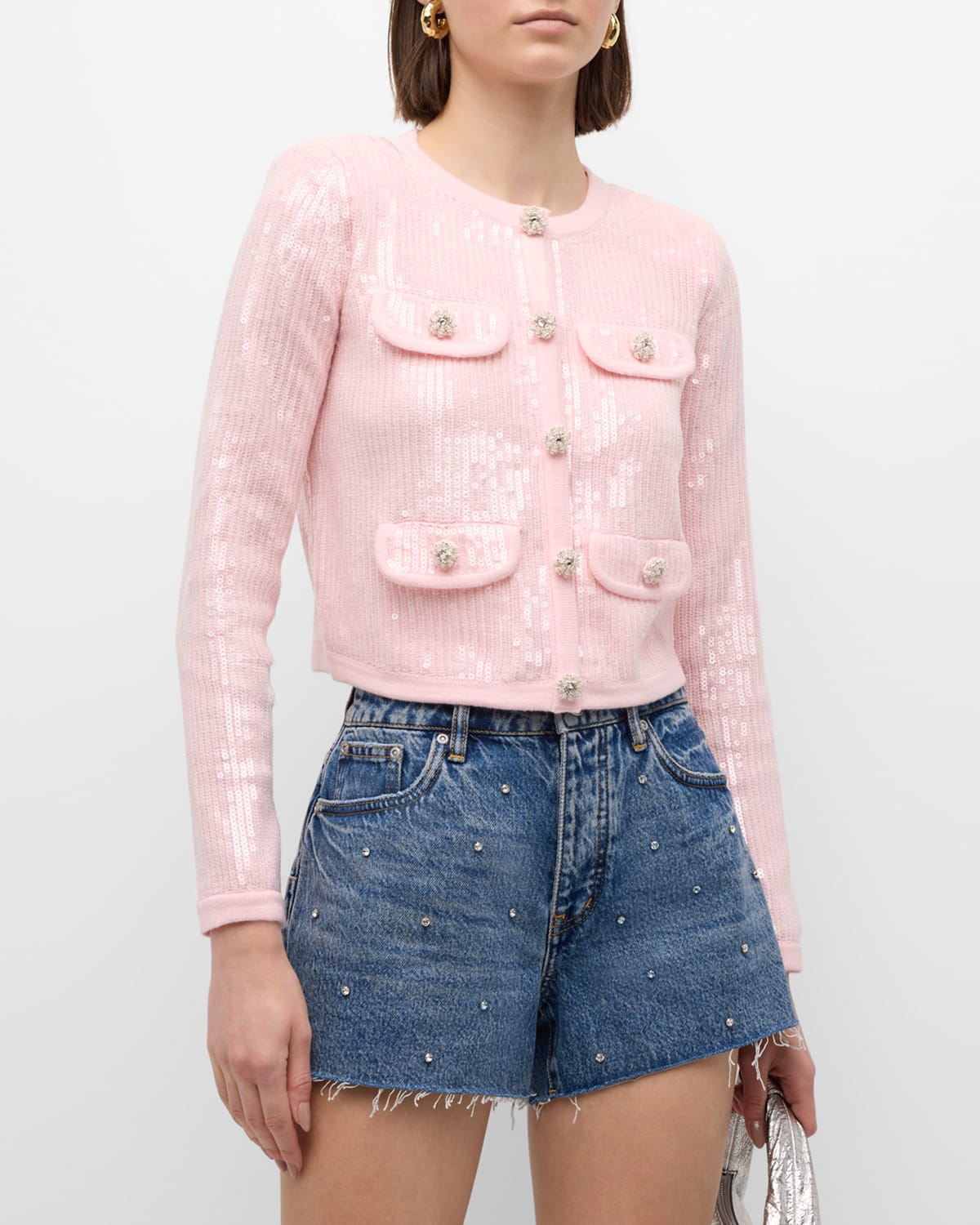 Shop Self-portrait Sequin Knit Cropped Diamante Pocket Cardigan In Pink