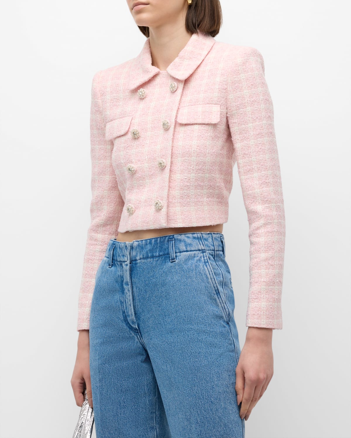 Shop Self-portrait Cropped Double-breasted Bouclé Jacket In Pink