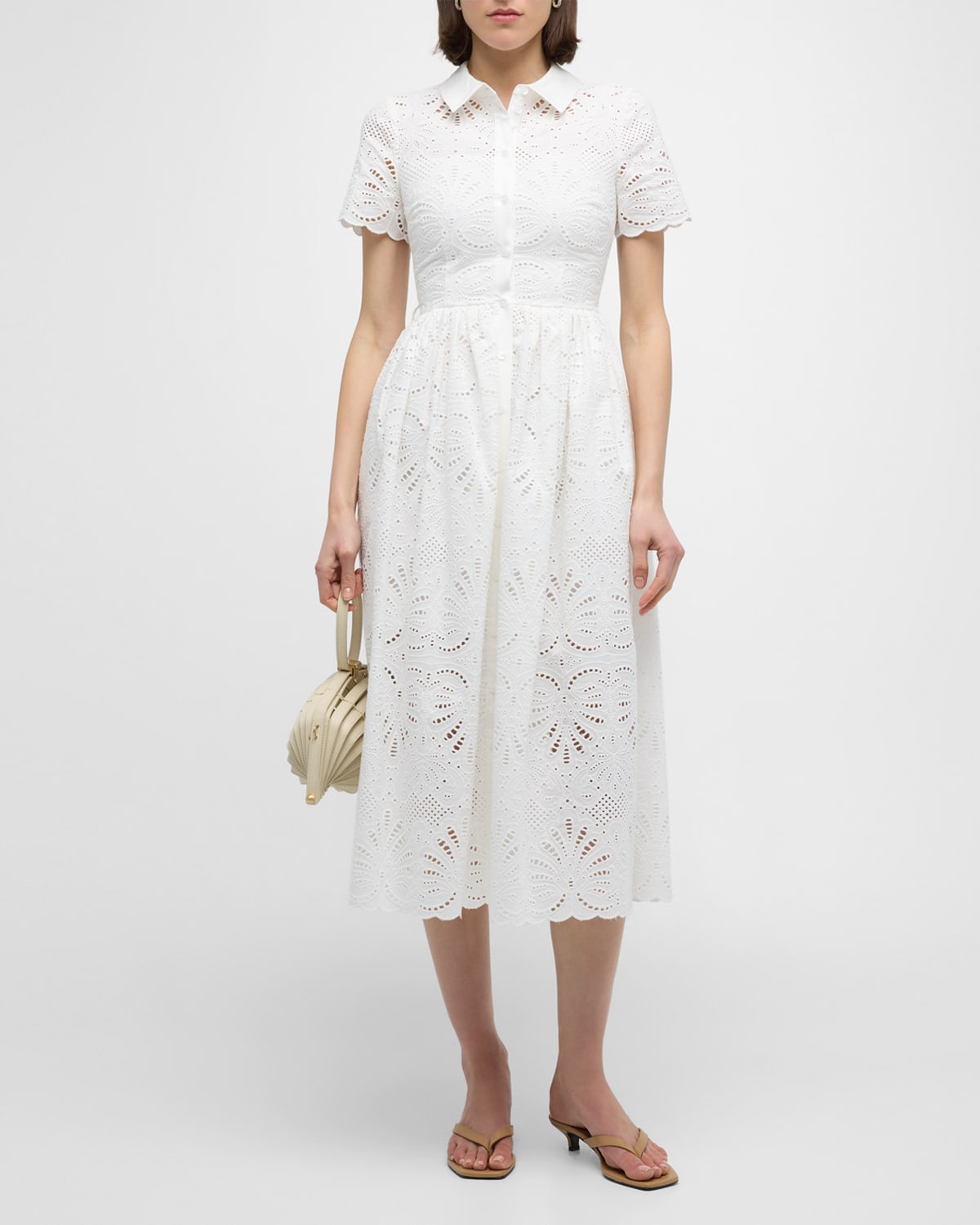 Shop Self-portrait Cutwork Embroidery Short-sleeve Midi Shirtdress In White