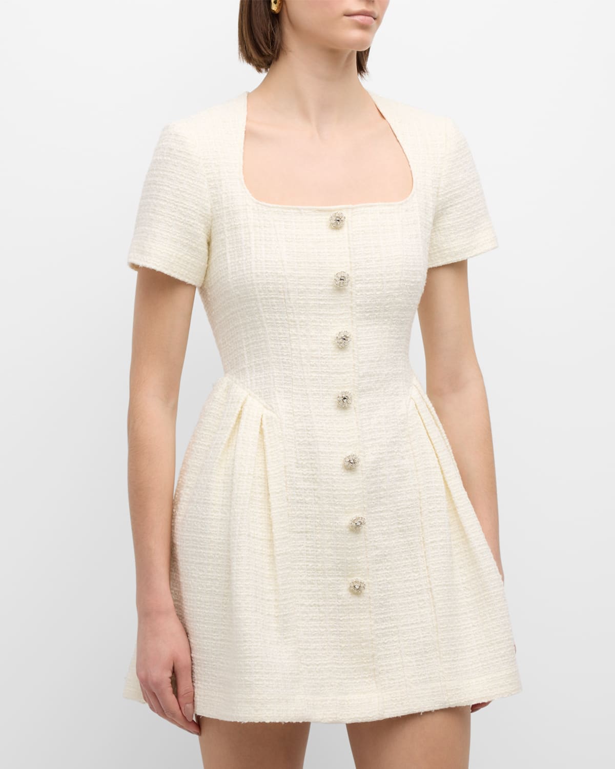 Shop Self-portrait Boucle Fit & Flare Square-neck Short-sleeve Mini Dress In Beige