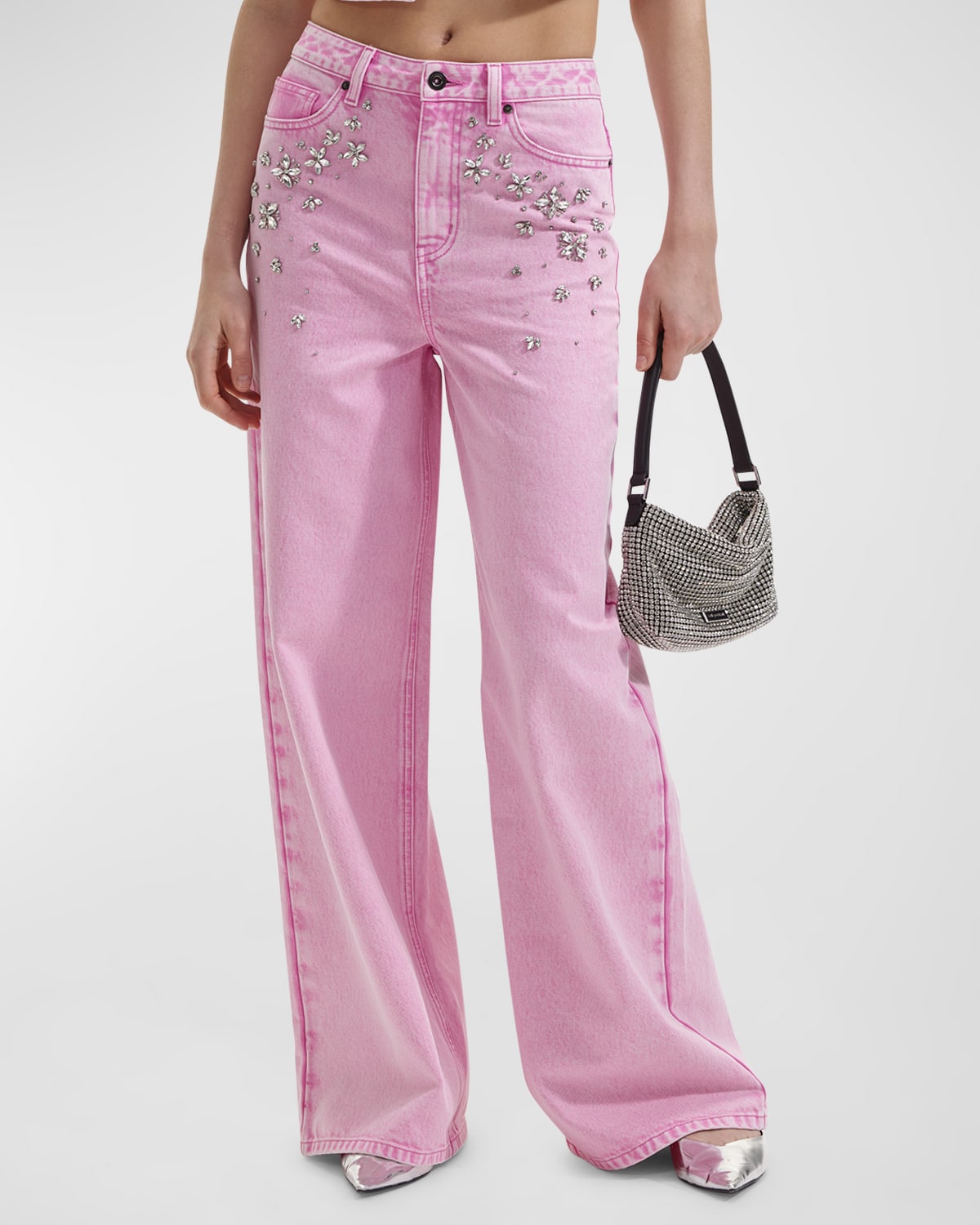 Shop Self-portrait Embellished Wide-leg Denim Jeans In Pink