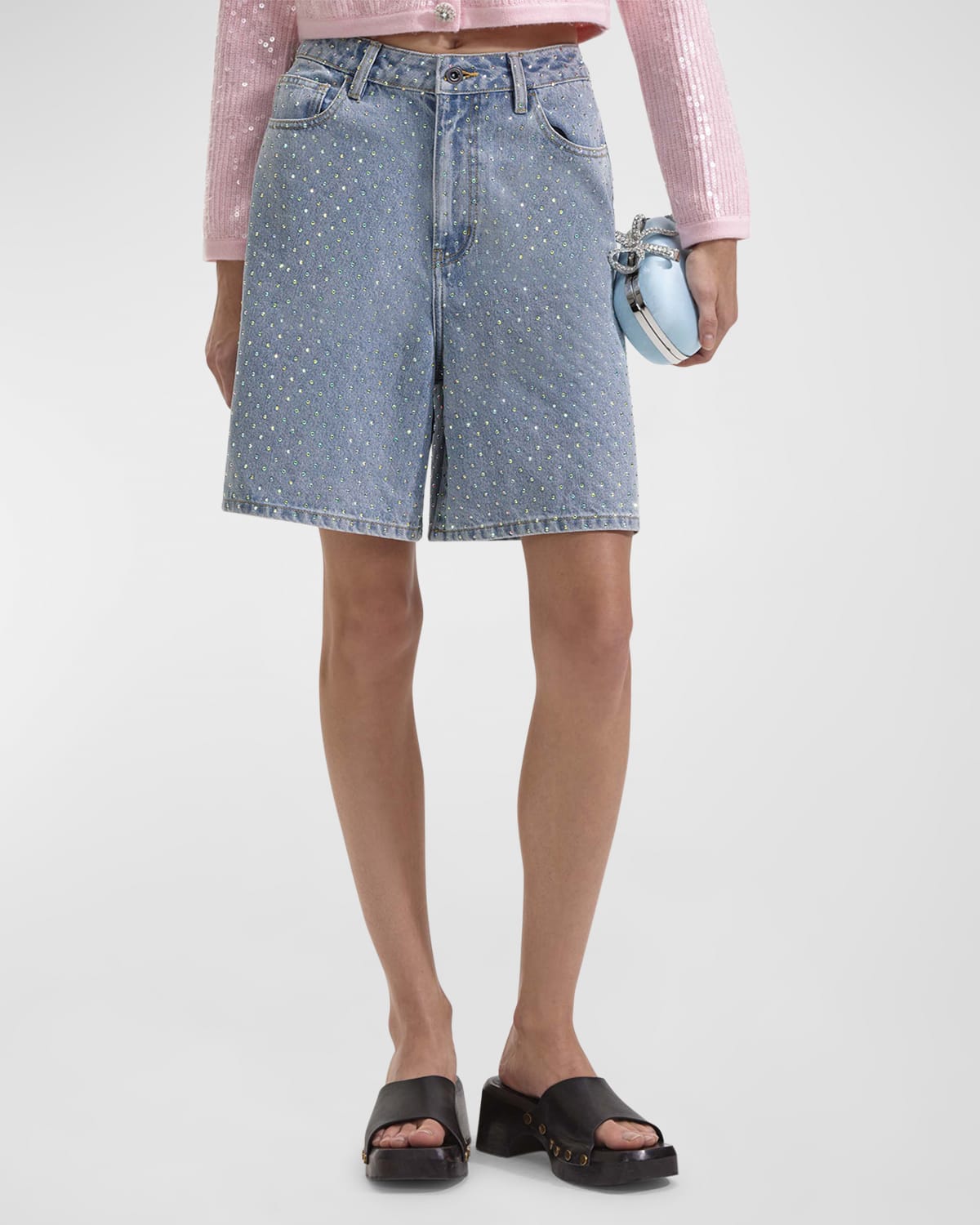 Shop Self-portrait Rhinestone Denim Shorts In Blue