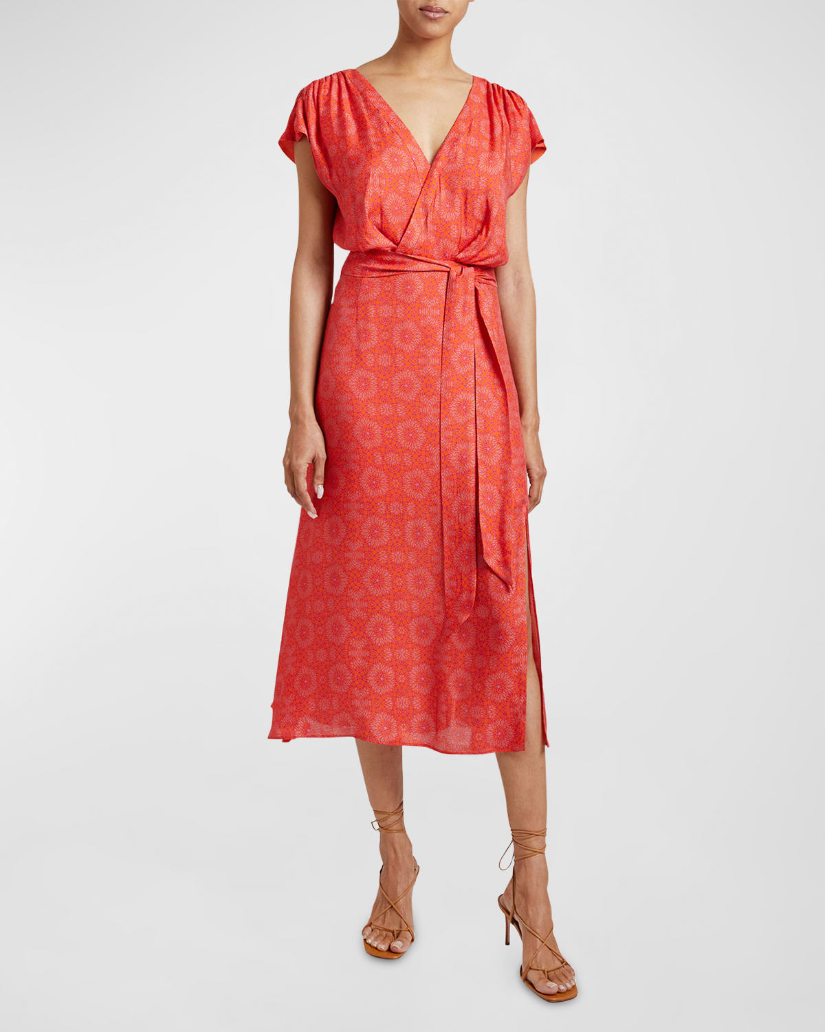Shop Santorelli Fara Geometric-print Faux-wrap Midi Dress In Vermilion