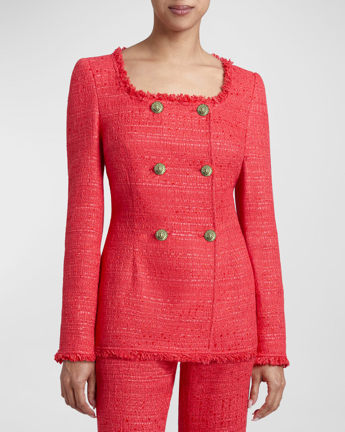 Santorelli Elara Double-breasted Fringe-trim Tweed Jacket In Vermilion
