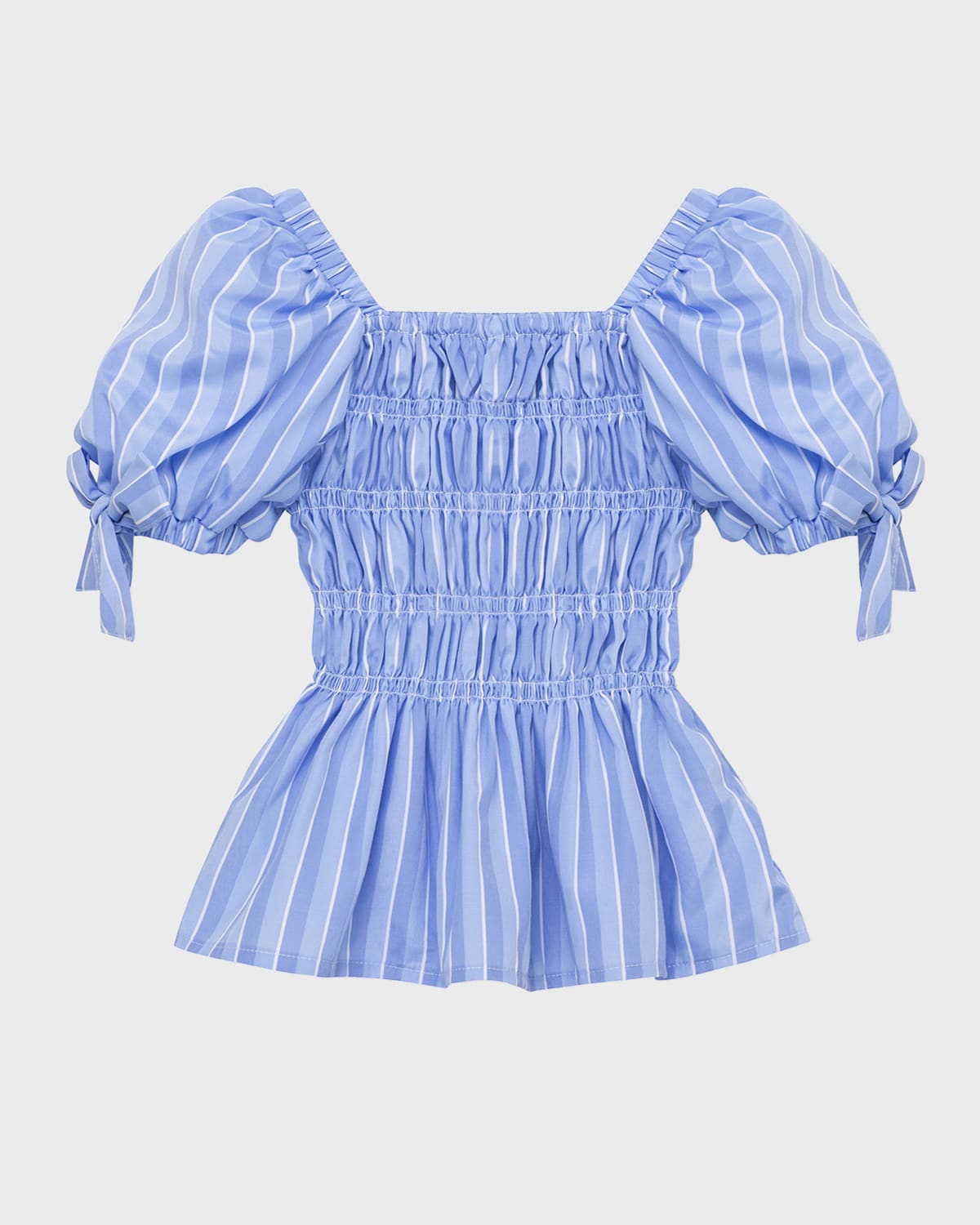 Shop Habitual Girl's Smocked Stripe Puff-sleeve Top In Blue