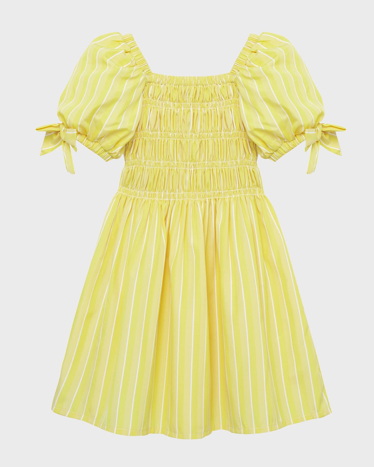 Shop Habitual Girl's Smocked Bubble-sleeve Stripe Dress In Yellow