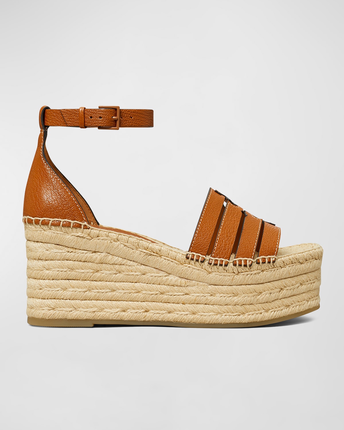 Tory Burch Ines Caged Leather Double T Espadrilles In Bourbon