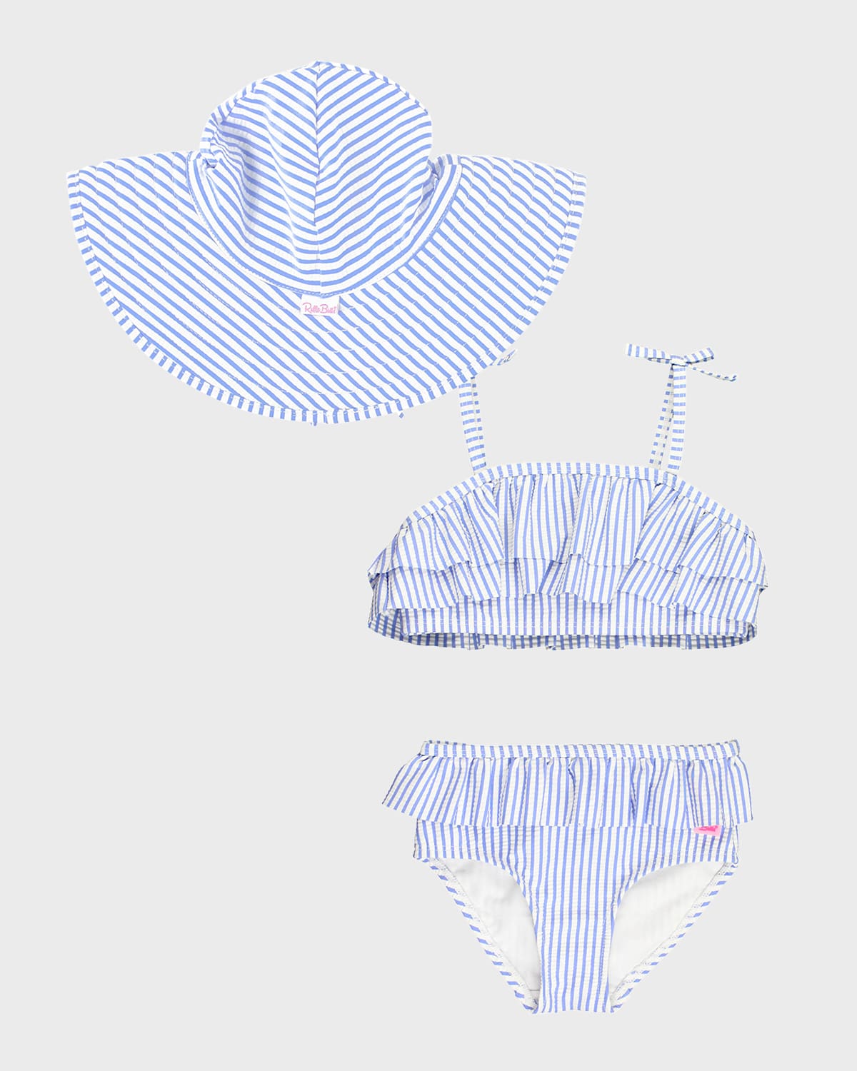 Rufflebutts Kids' Girl's Seersucker Bow Two-piece Swimsuit And Hat Set In Blue