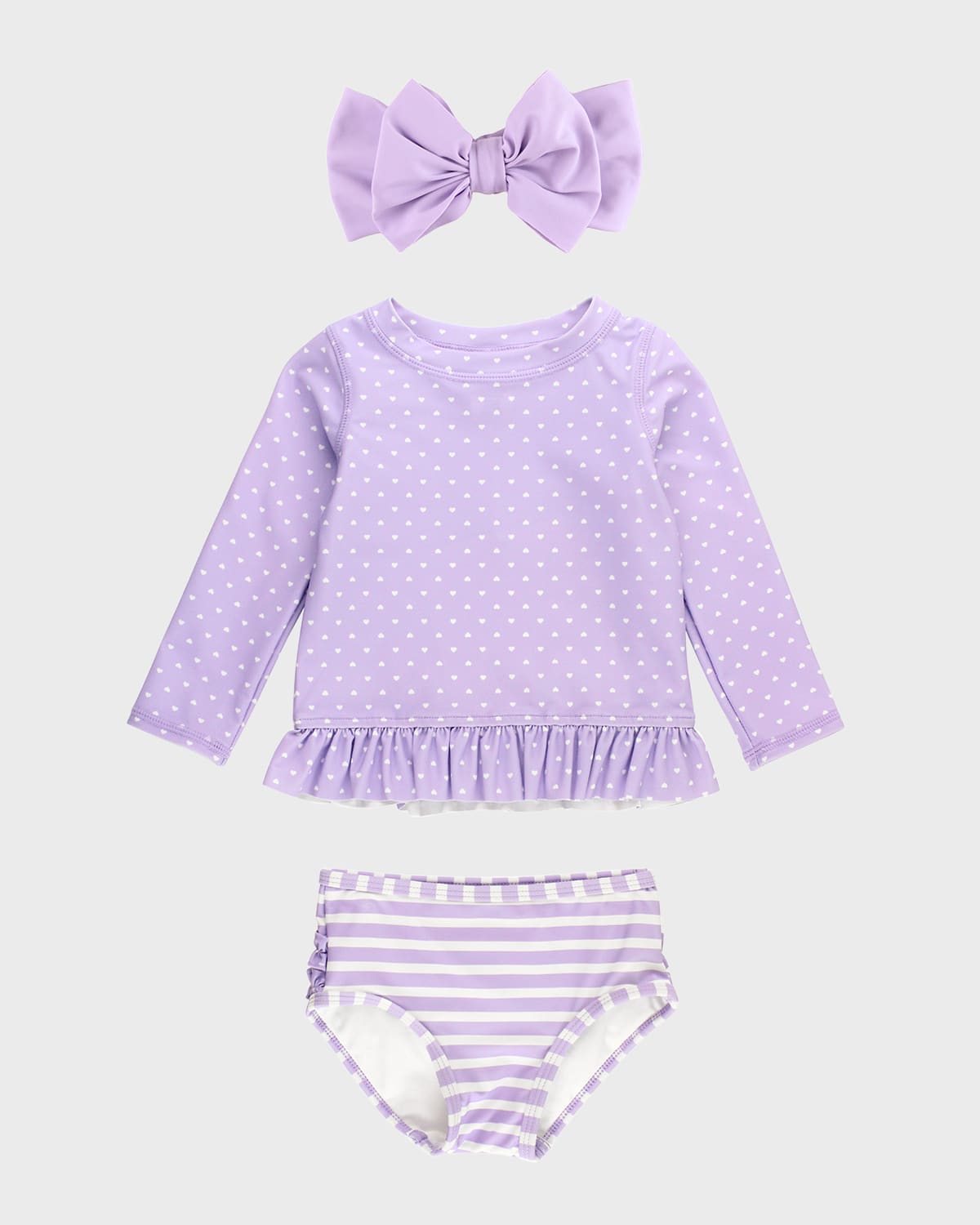 Rufflebutts Kids' Girl's Lavender Hearts Two-piece Swimsuit And Bow Set In Purple