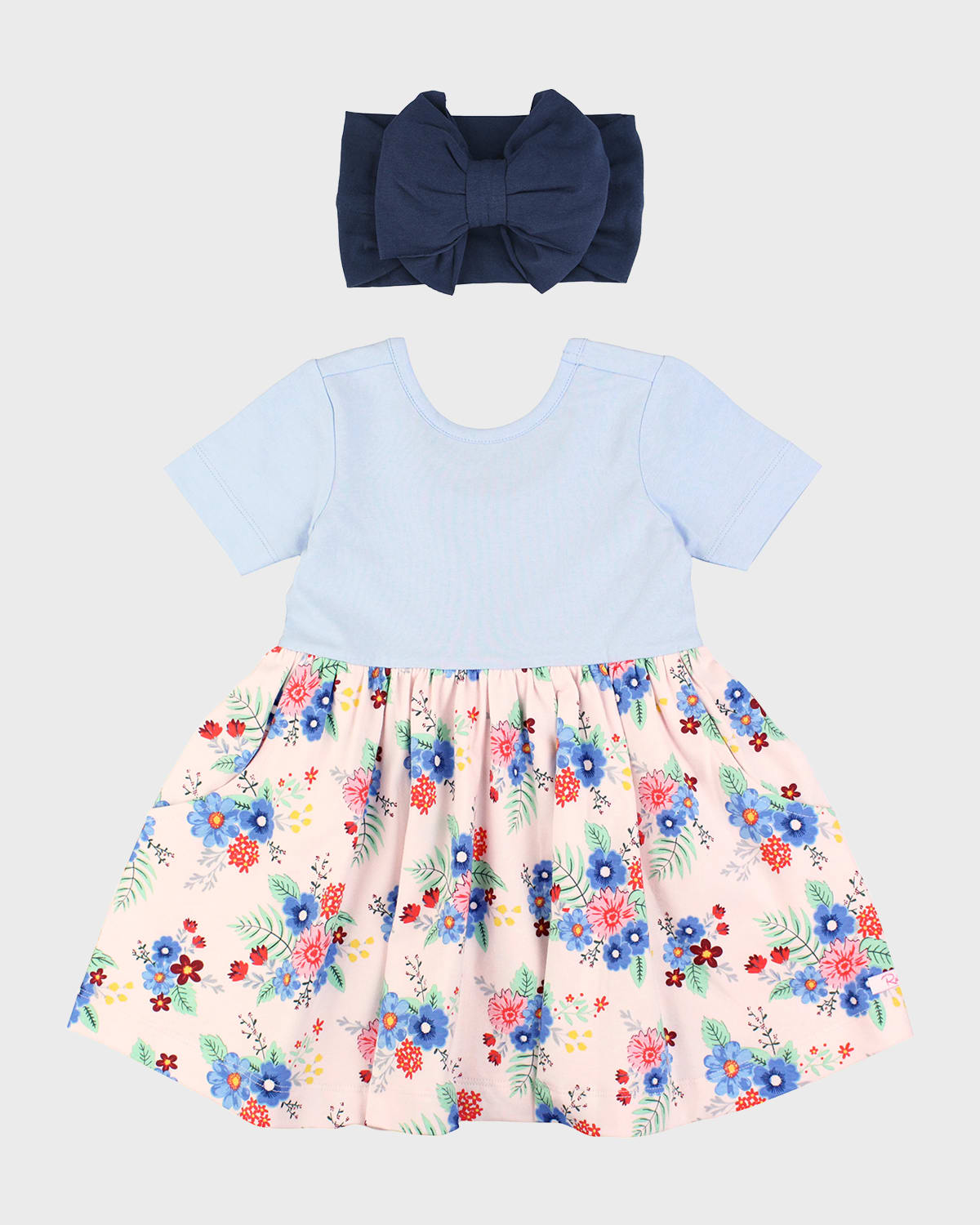 Rufflebutts Kids' Girl's Coastal Breeze Floral Twirl Dress And Headband Set In Blue