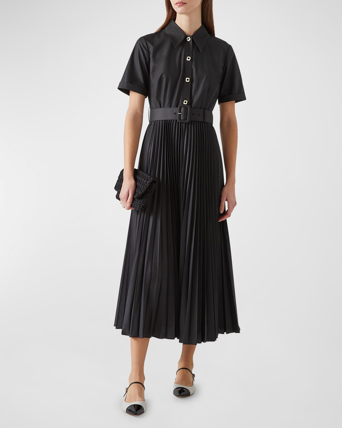 Shop Lk Bennett Cally Pleated Belted Midi Shirtdress In Black