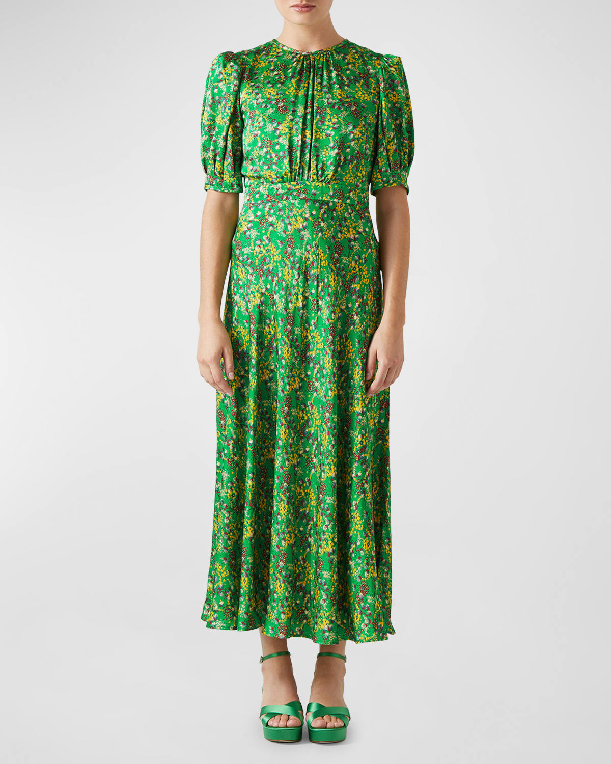 Shop Lk Bennett Jem Floral-print Puff-sleeve Midi Dress In Green