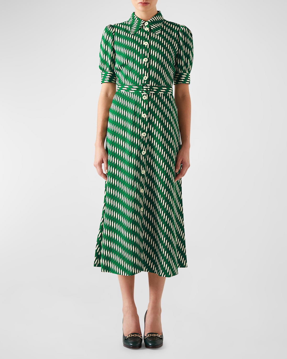 Shop Lk Bennett Valerie Belted Geometric-print Midi Shirtdress In Green