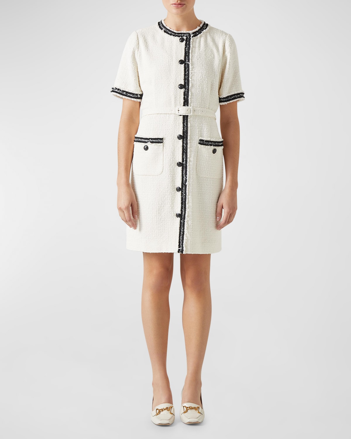 Shop Lk Bennett Charlie Belted Button-down Tweed Midi Dress In Ivory