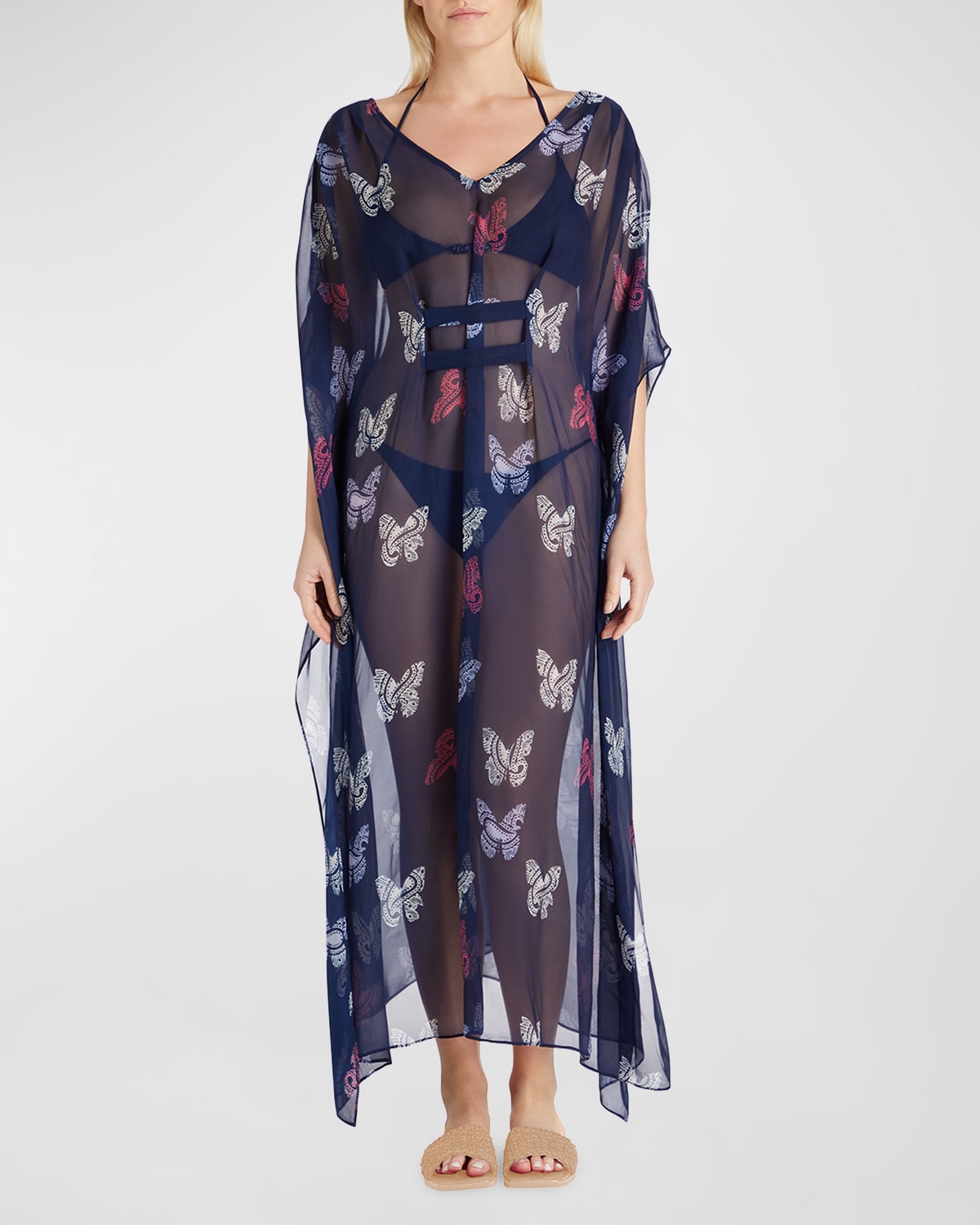 Shop Valimare Florence Sheer Butterfly Caftan Coverup In Navy Print