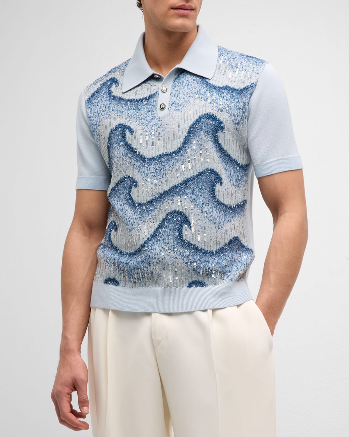 Shop Amiri Men's Wavy Embellished Polo Shirt In Ashley Blue