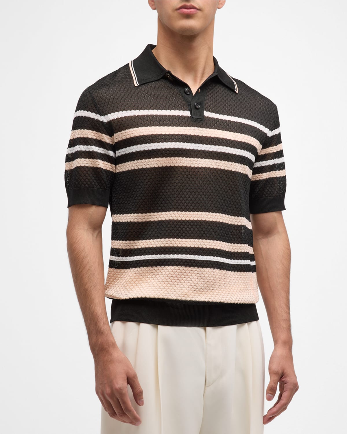 Shop Amiri Men's Pointelle Striped Polo Shirt In Black