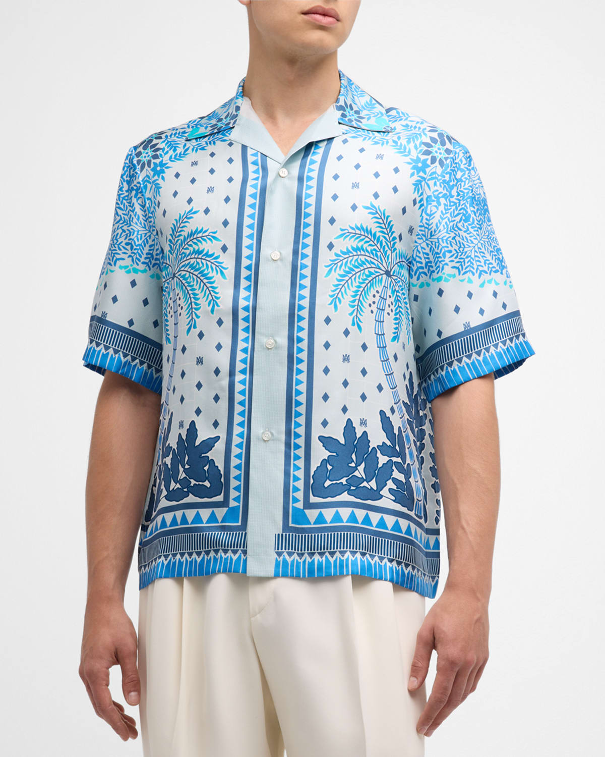Amiri Camp-collar Printed Silk-twill Shirt In Blue