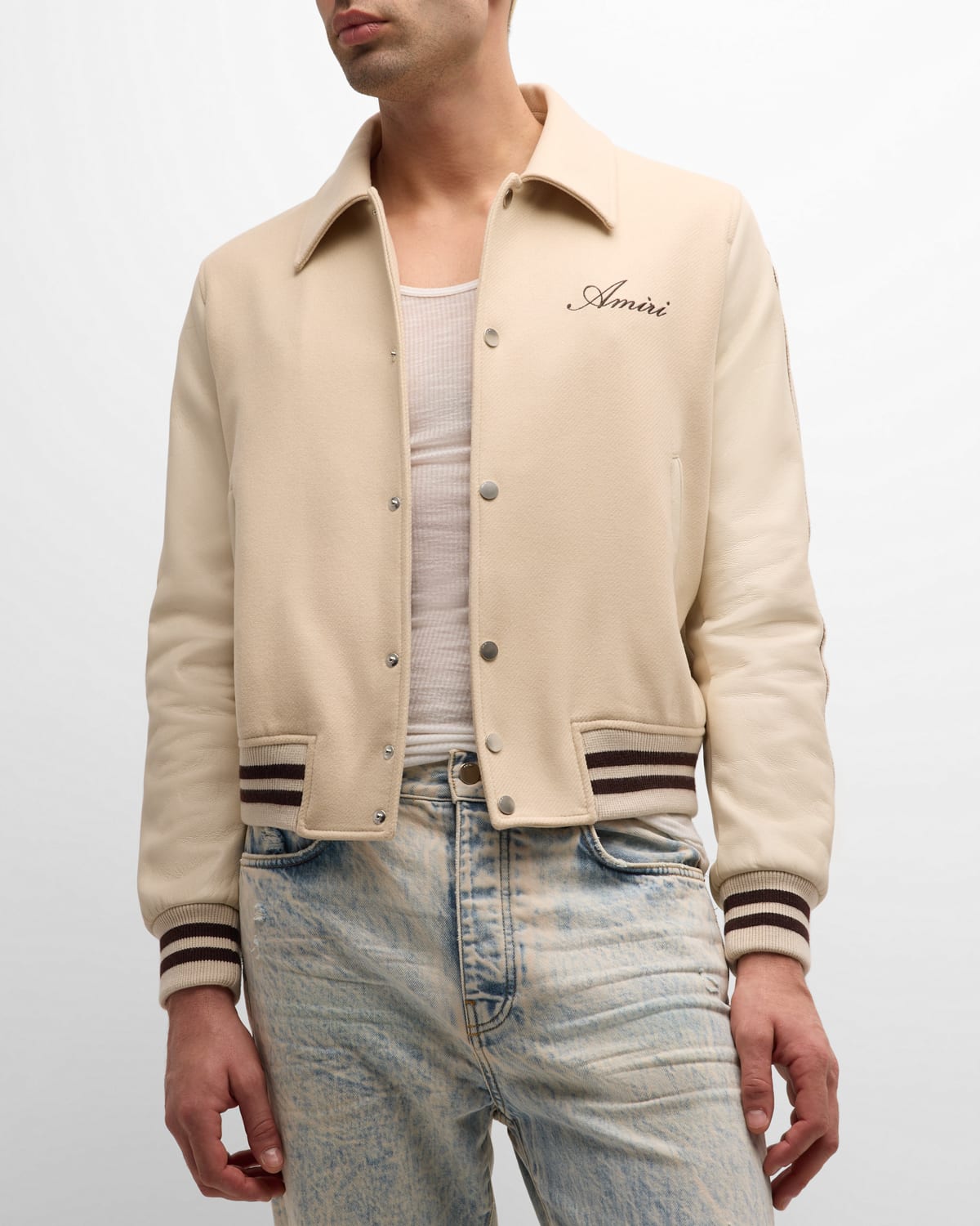 Amiri Men's Bones Embroidered Leather And Wool Logo Jacket In Alabaster