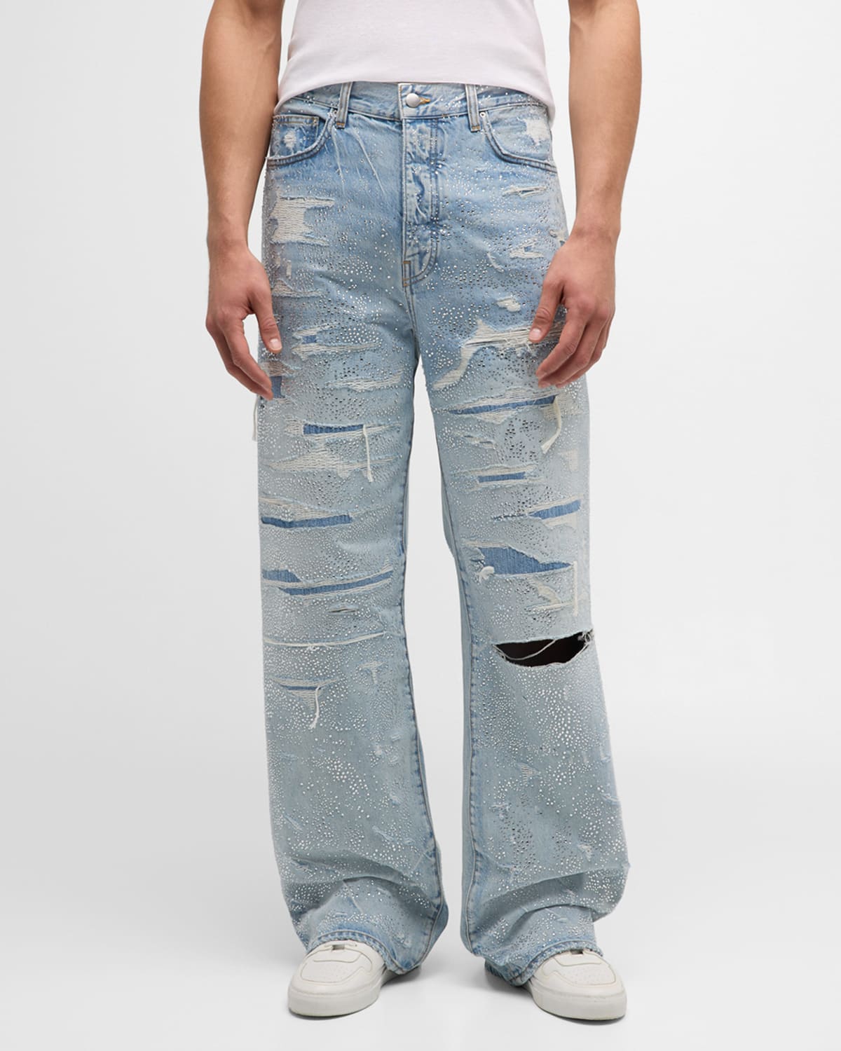 Shop Amiri Men's Crystal-embellished Repaired Baggy Jeans In Perfect Indigo
