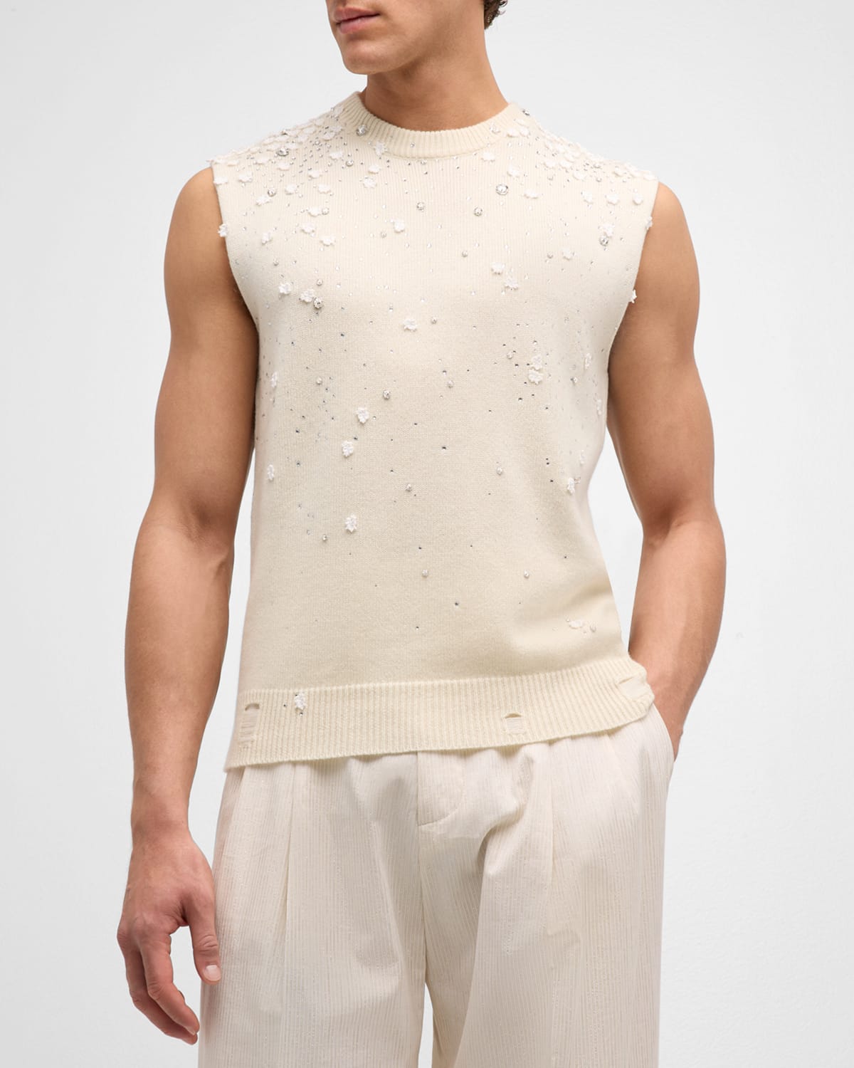 Shop Amiri Men's Floral Beaded Sweater Vest In Alabaster White