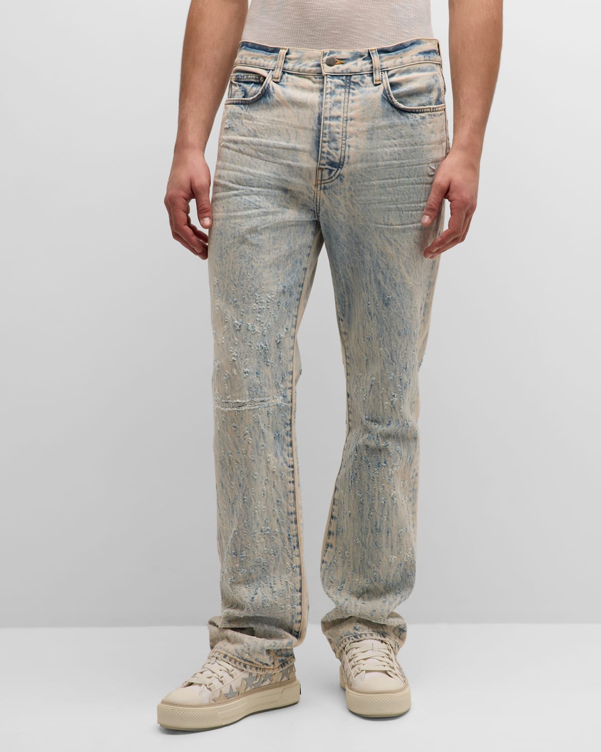 Amiri Men's Shotgun Straight-leg Distressed Jeans In Cream Tan