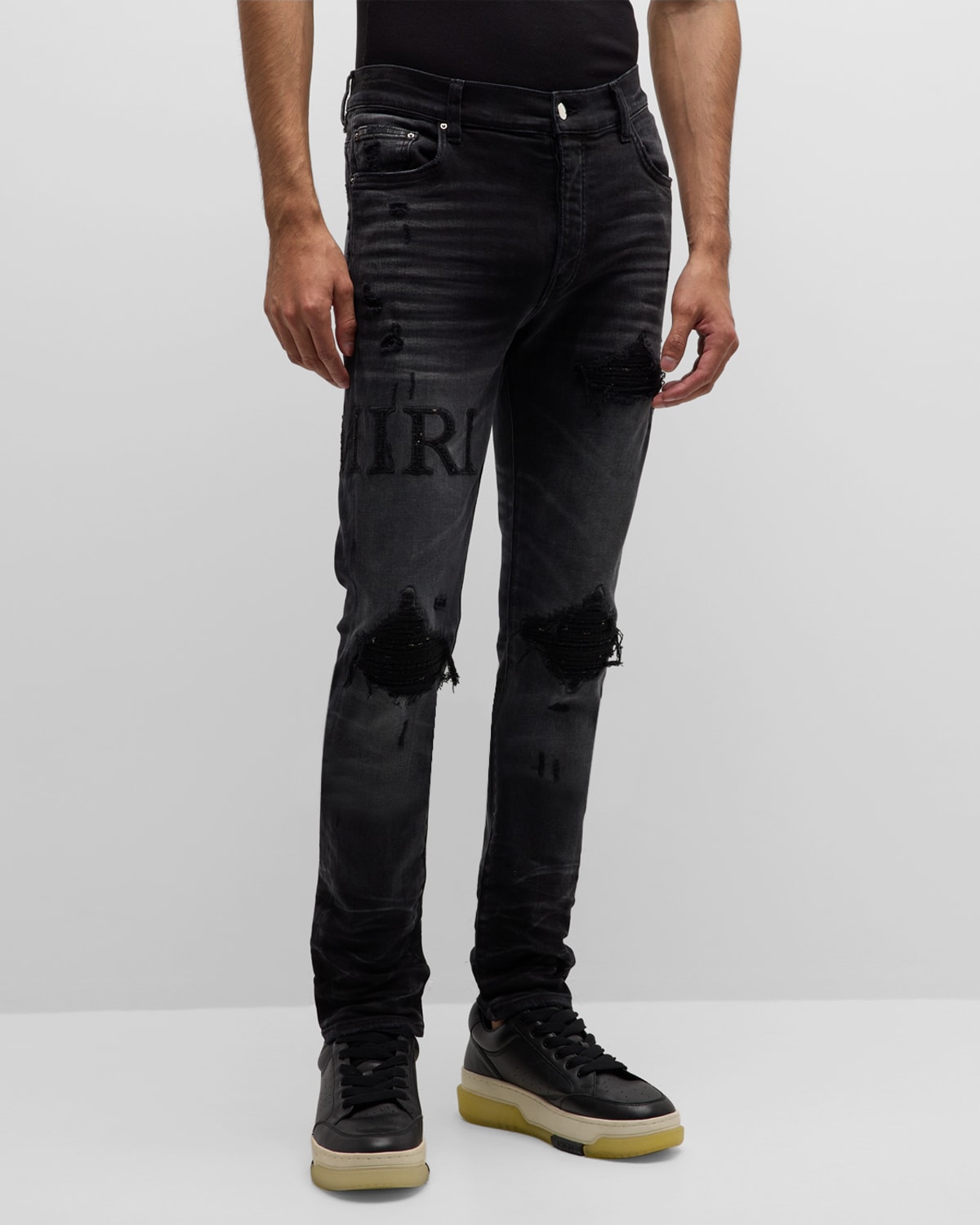 Amiri Men's Mx1 Applique Slim Distressed Jeans In Faded Black