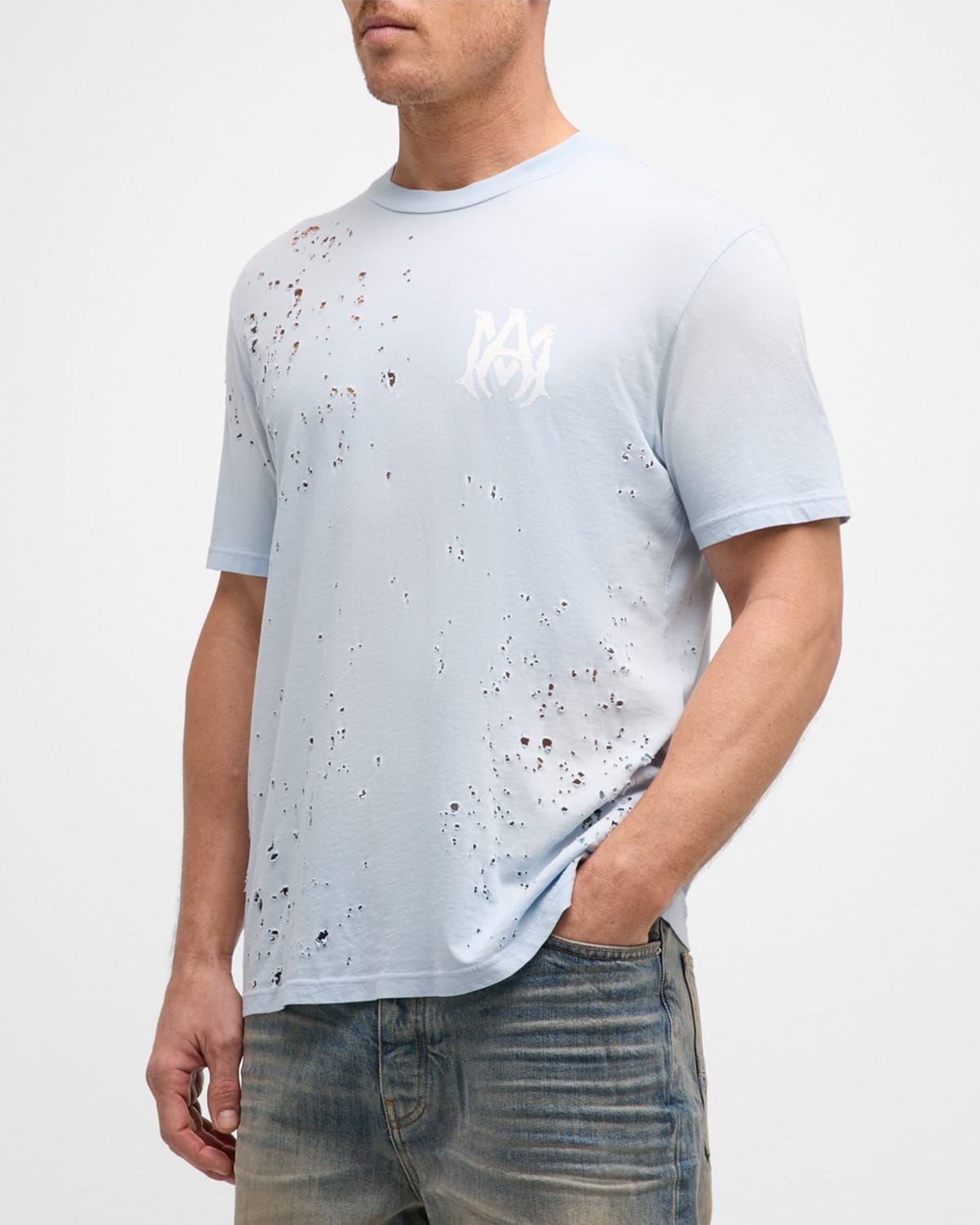 Shop Amiri Men's Washed Distressed T-shirt In Gray Dawn
