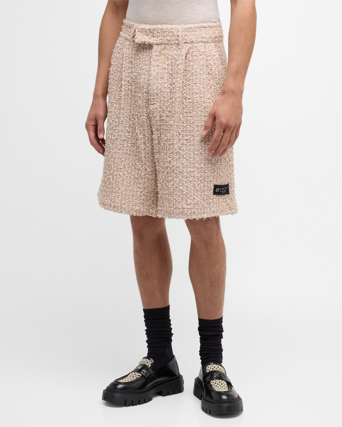 Shop Amiri Men's Boucle Tweed Skater Shorts In Cream Tan