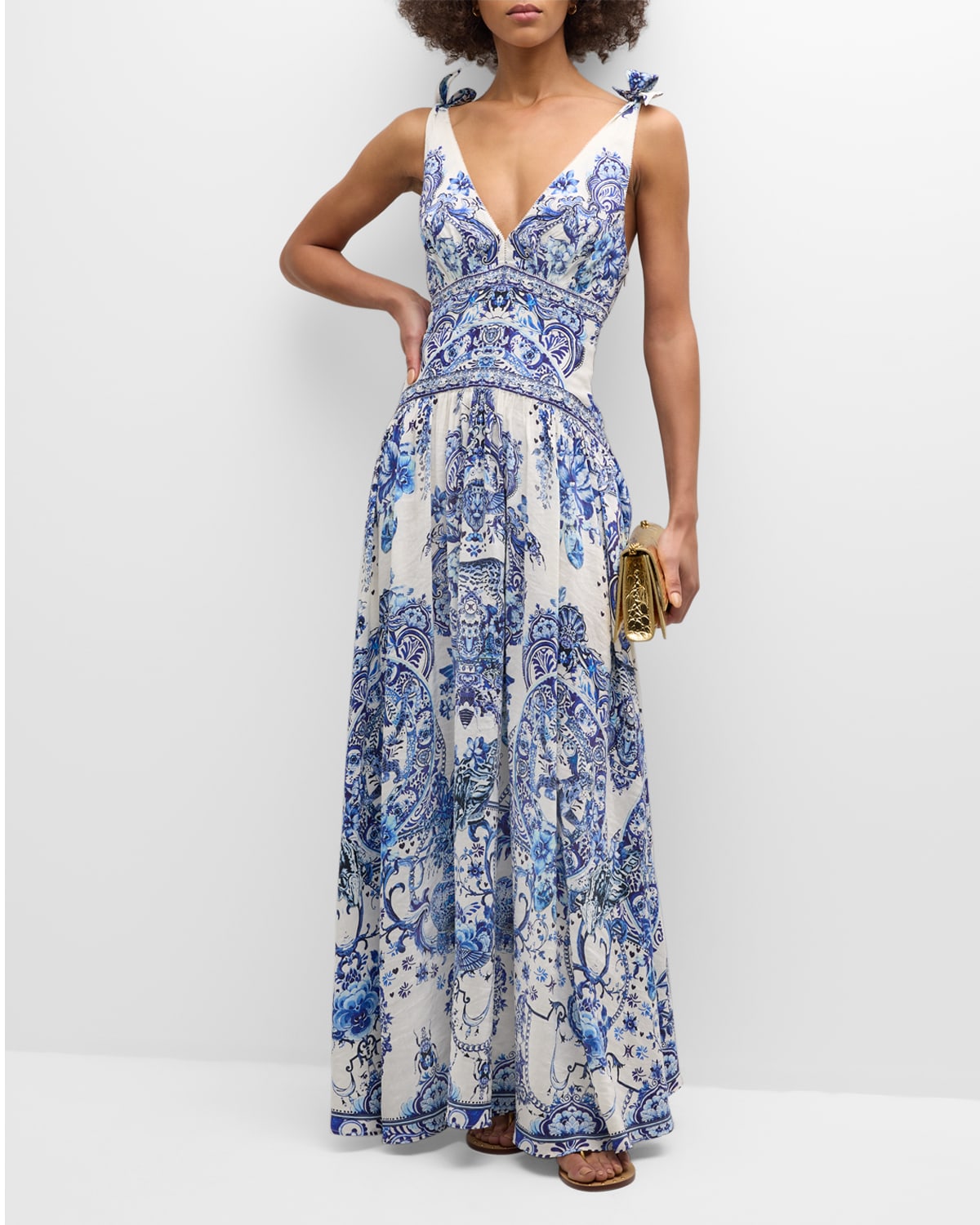 Camilla Floral Linen Silk Tie-shoulder Maxi Dress In Glaze And Graze
