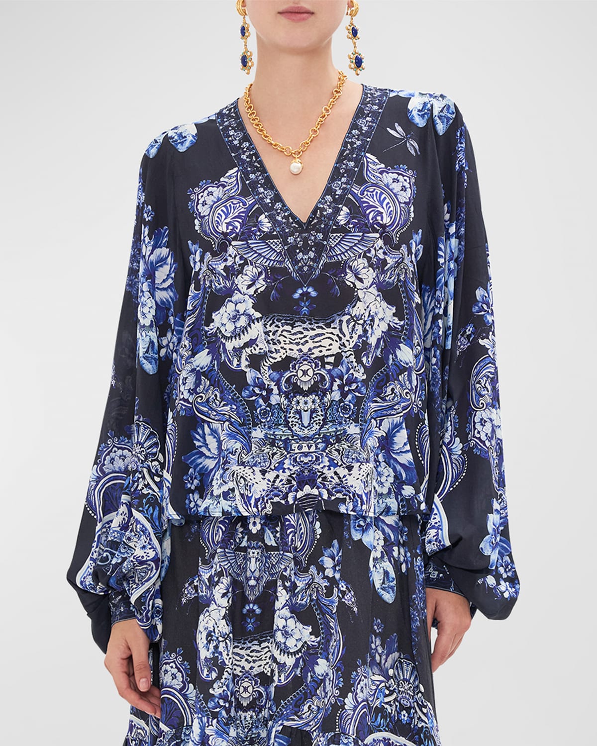 Shop Camilla V-neck Blouson-sleeve Printed Silk Blouse In Delft Dynasty