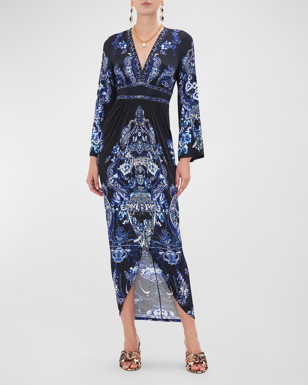 Shop Camilla Gathered V-neck Jersey Midi Dress In Delft Dynasty
