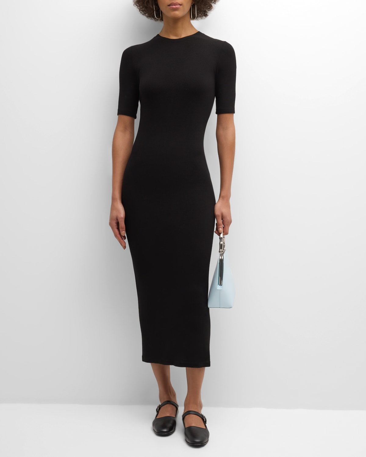 Shop Enza Costa Silk Rib Half-sleeve Midi Dress In Black