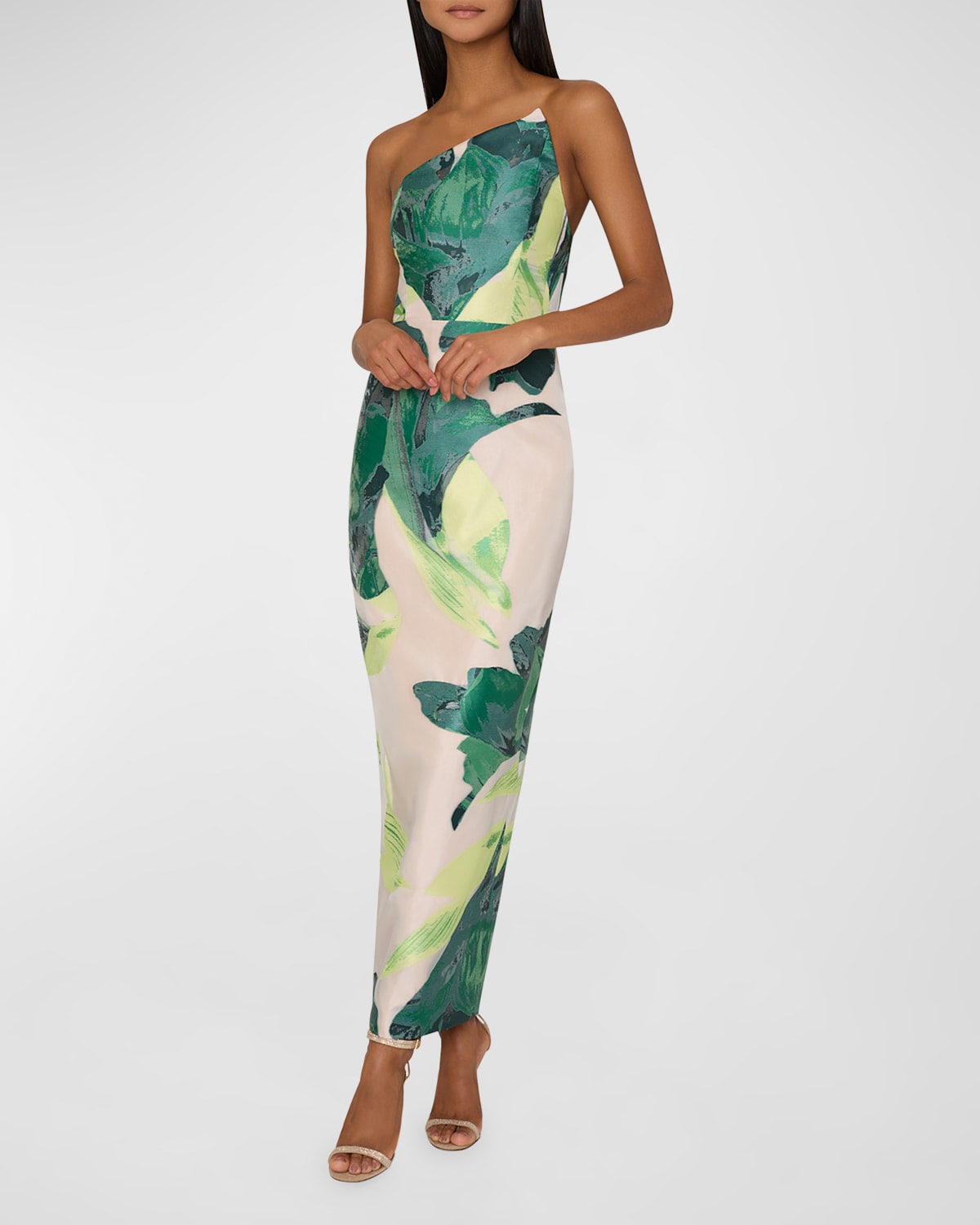Shop Milly Asymmetric Strapless Botanical Jacquard Gown In Green Multi