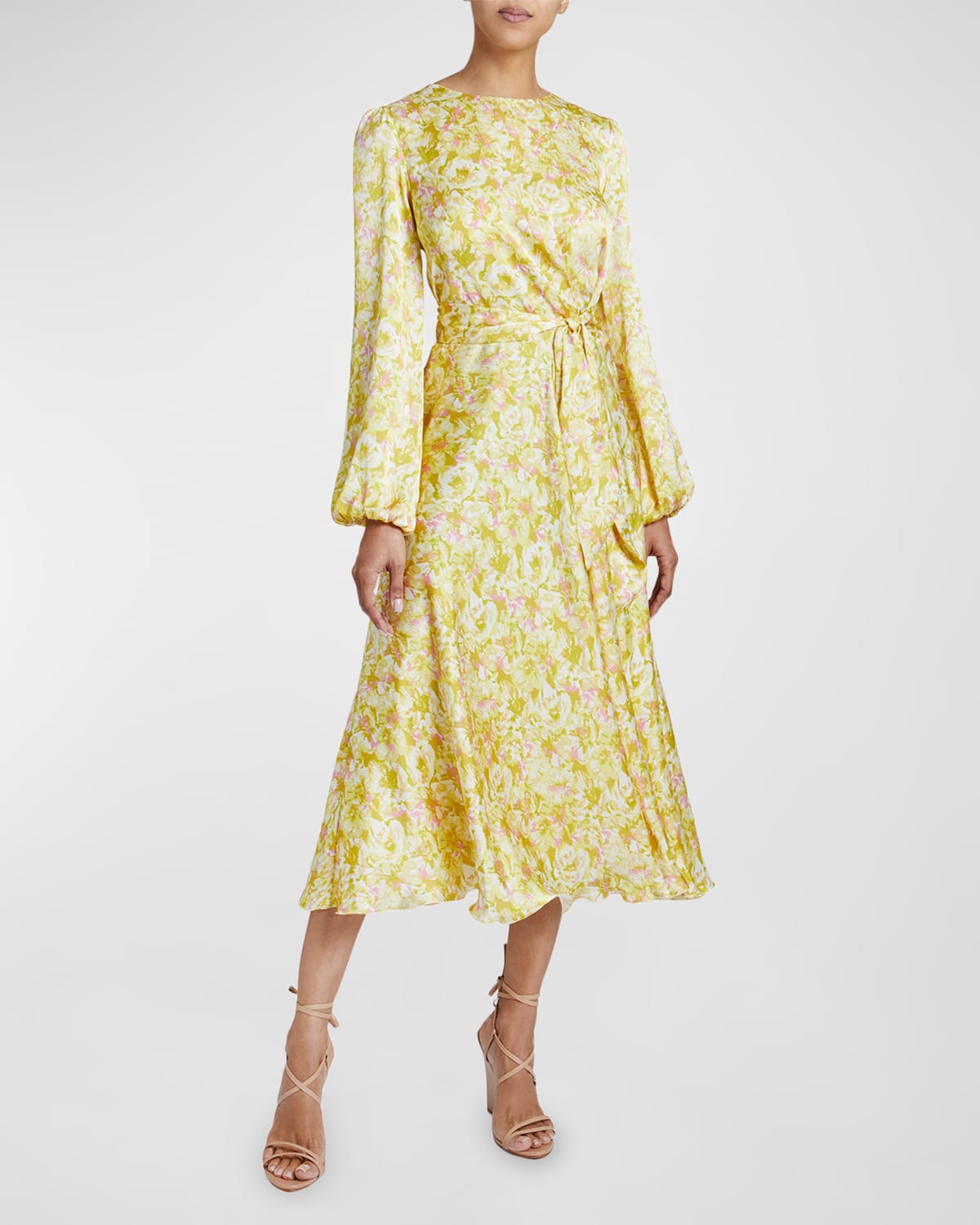 Santorelli Callie Floral-print Blouson-sleeve Midi Dress In Lemon