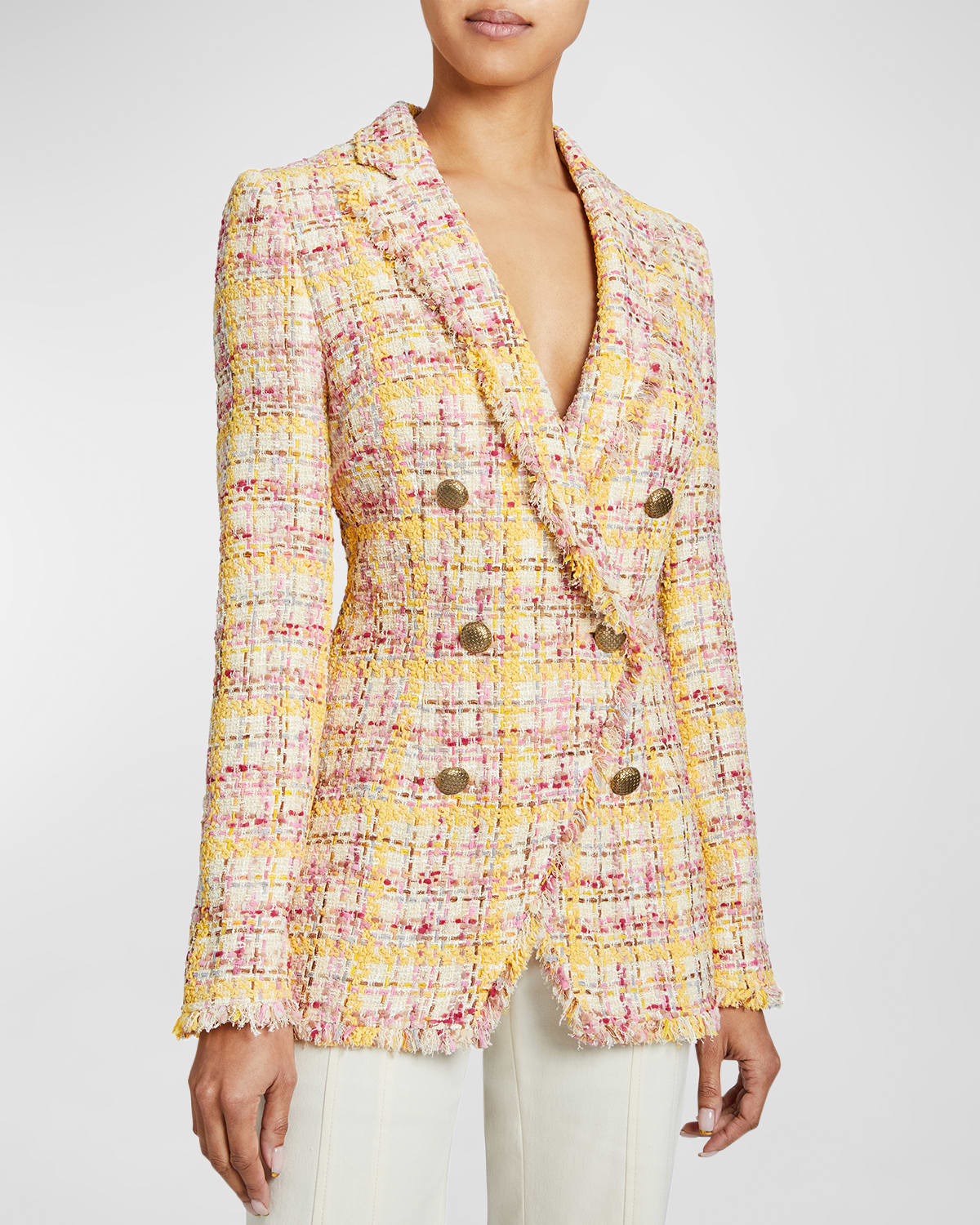 Shop Santorelli Saba Double-breasted Fringe-trim Tweed Jacket In Petal Pink