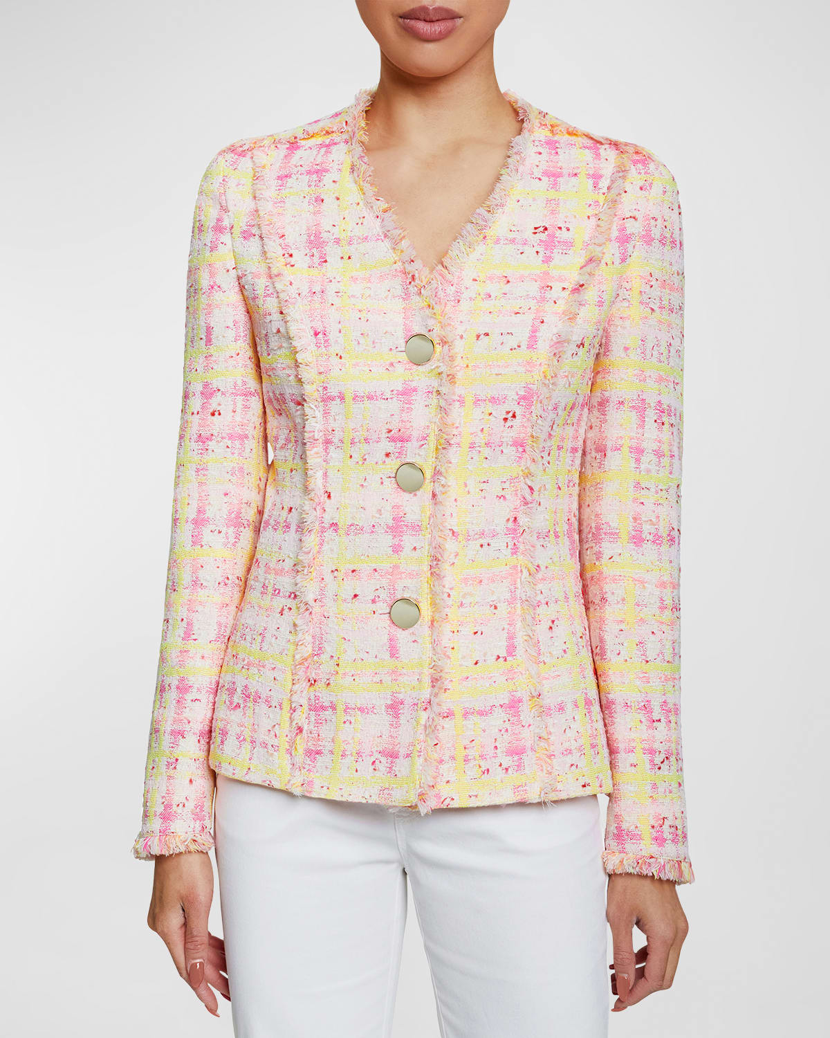 Shop Santorelli Georgia Fringe-trim Plaid Tweed Jacket In Petal Pink
