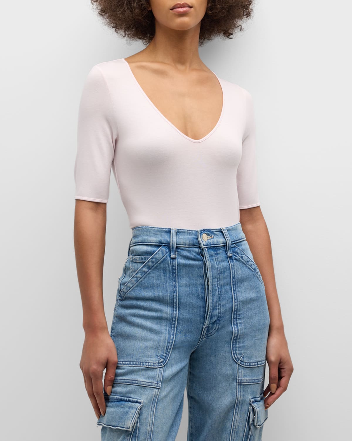 Soft Touch Elbow-Sleeve V-Neck Tee