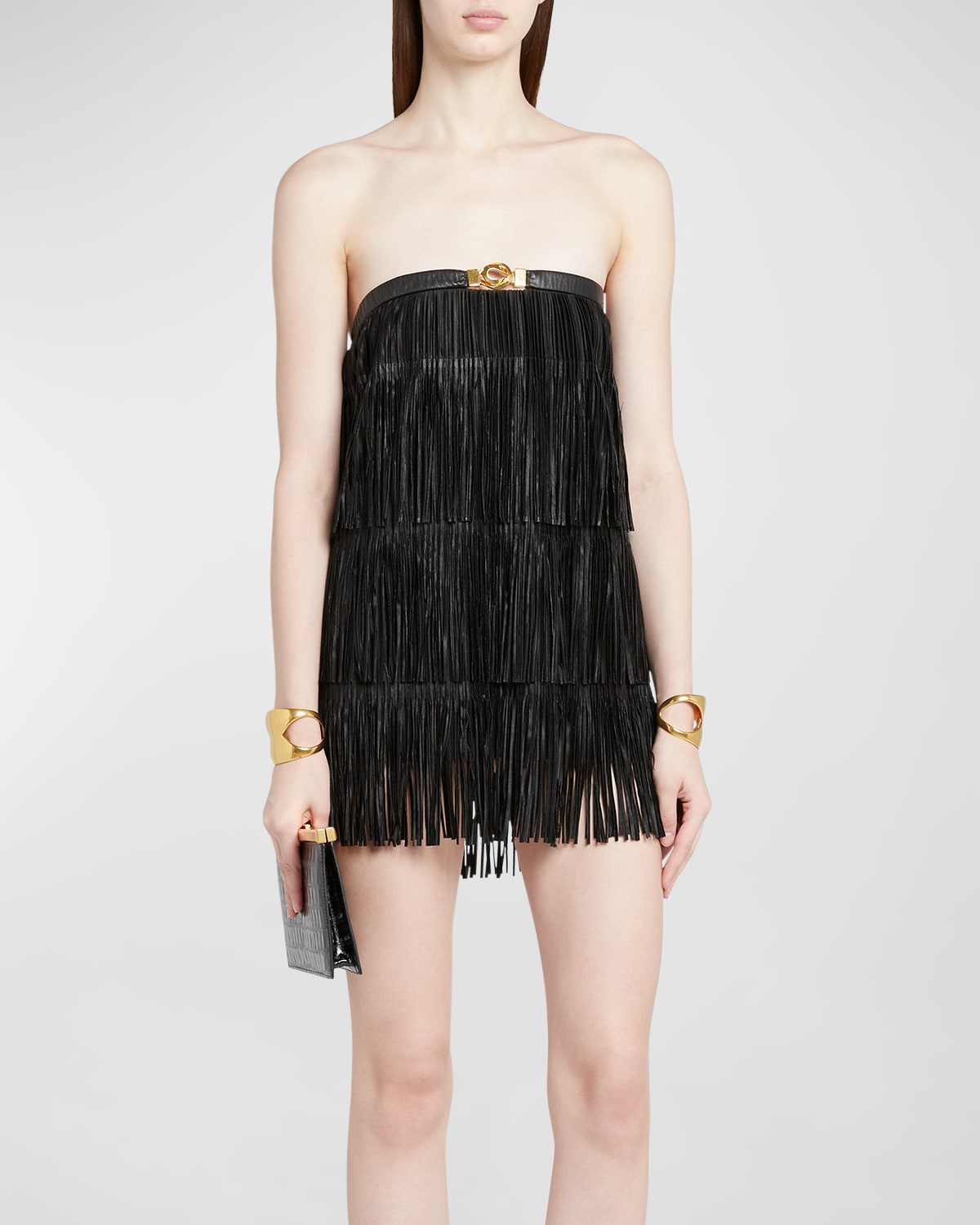 Shop Tom Ford Tiered Pleated Leather Fringe Strapless Mini Cocktail Dress In Black