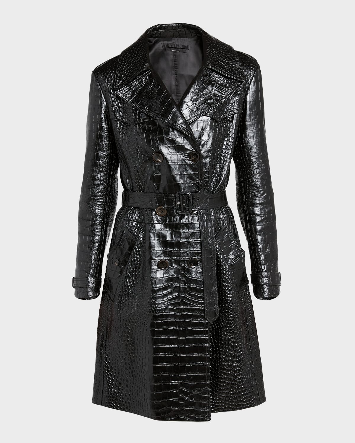 Shop Tom Ford Croco Embossed Belted Leather Trench Coat In Black