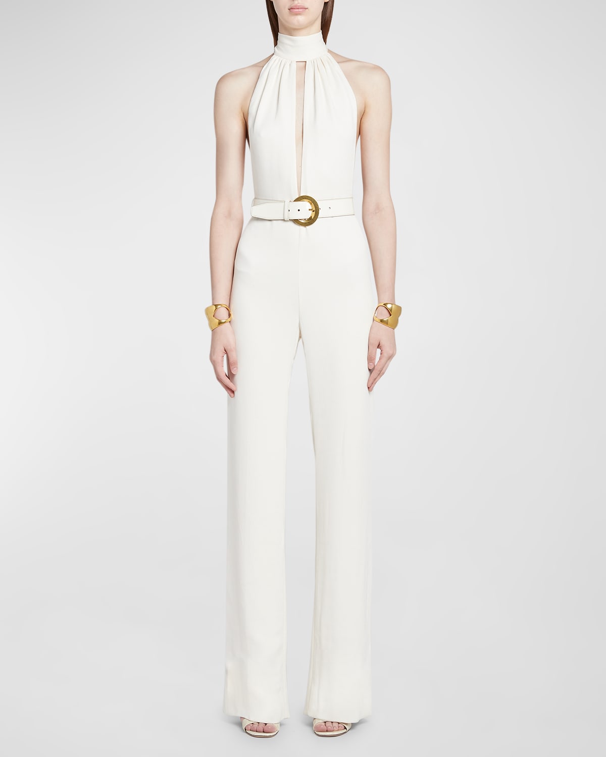 Tom Ford Stretch Sable Belted Halter Jumpsuit In White