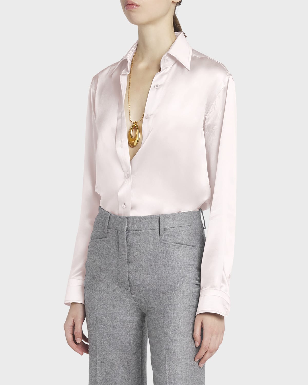 Shop Tom Ford Pleated-placket Fluid Silk Charmeuse Collared Shirt In Delicate B