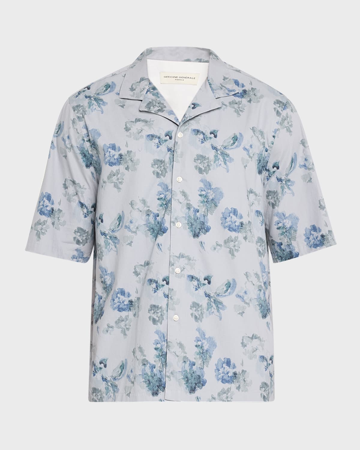 Shop Officine Generale Men's Eren Flower-print Camp Shirt In Light Blue/grey