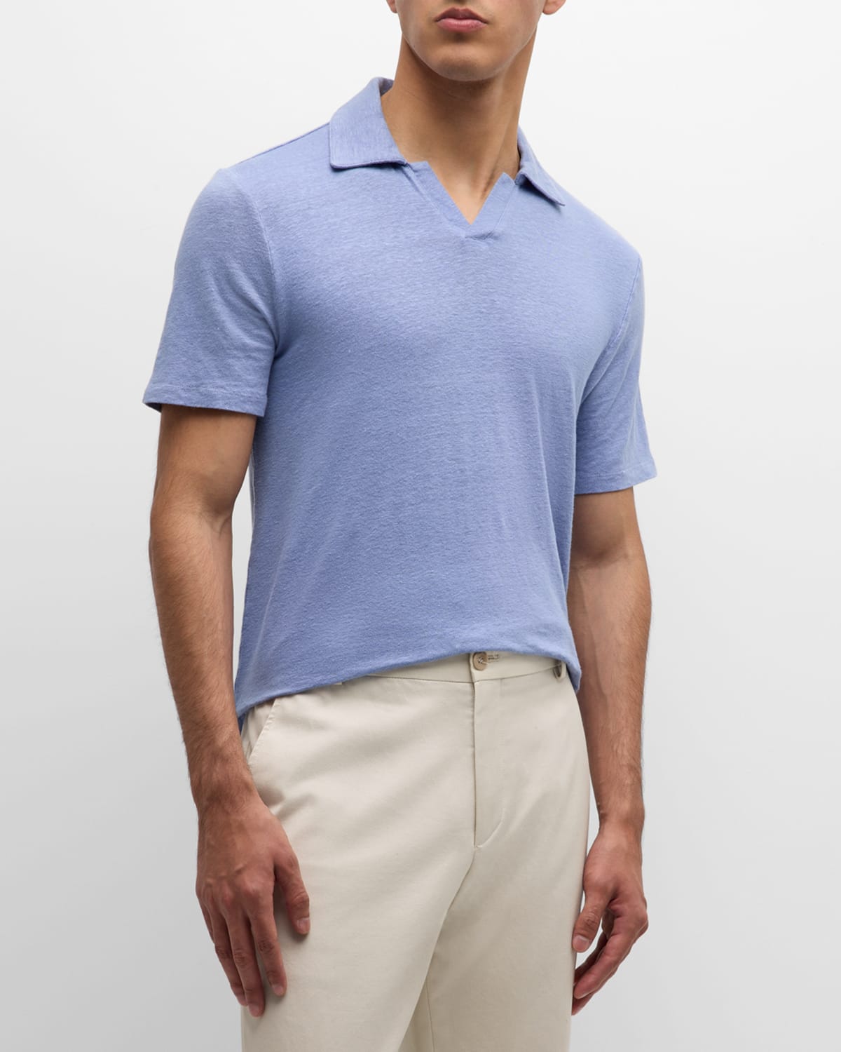 Shop Officine Generale Men's Simon Linen Johnny Collar Polo Shirt In Moody Blue