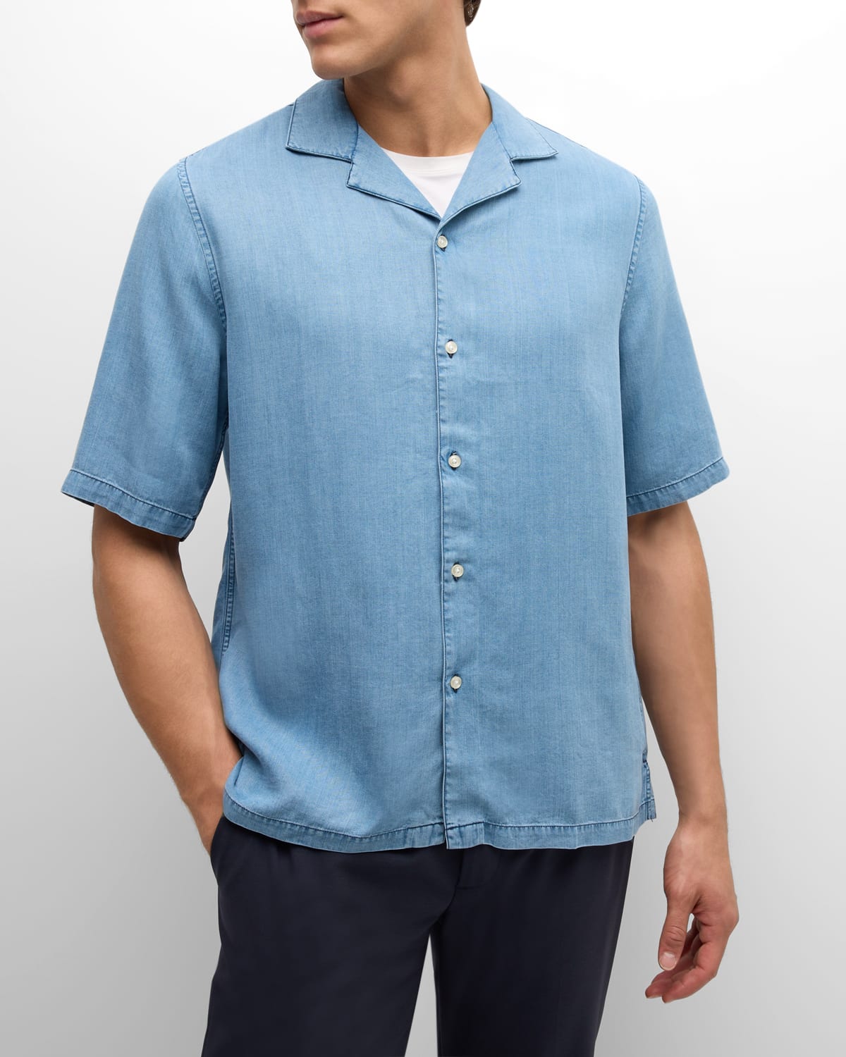 Shop Officine Generale Men's Eren Chambray Camp Shirt In Mid Blue