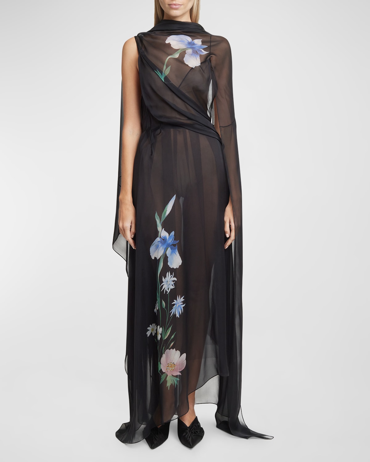 Shop Givenchy Iris-print Draped Backless Sheer Maxi Dress In Black