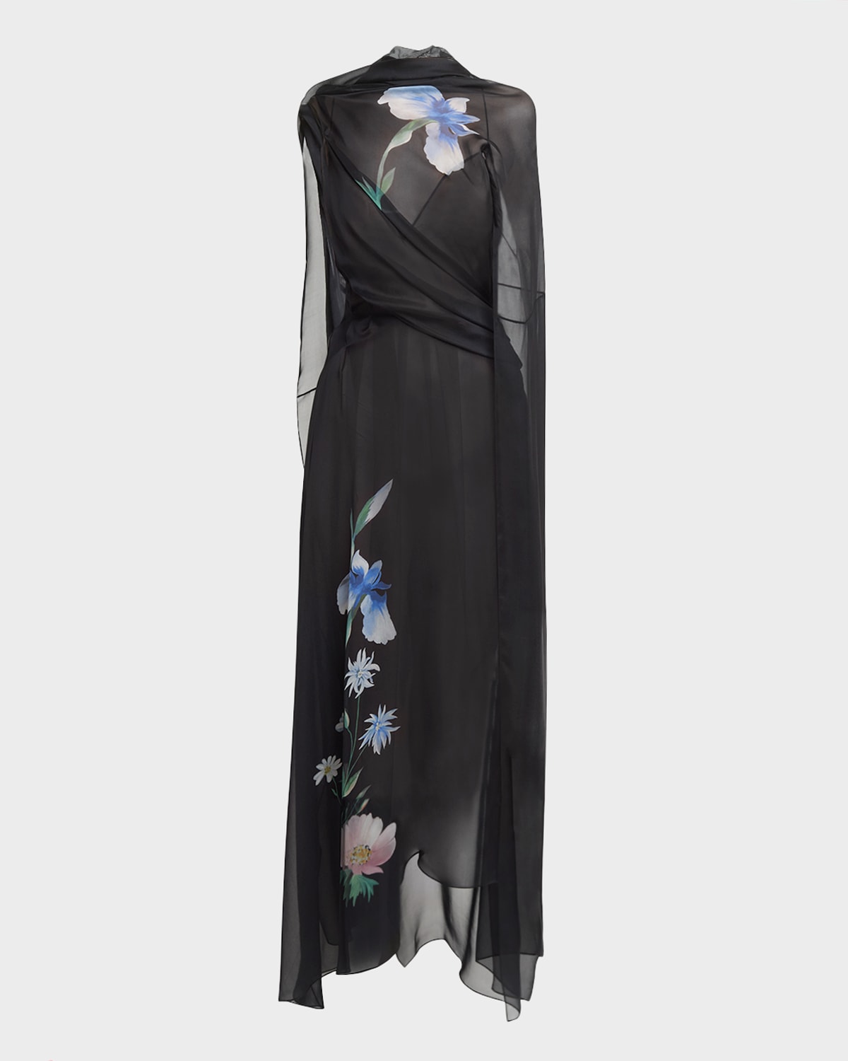 Givenchy Iris-Print Draped Backless Sheer Maxi Dress